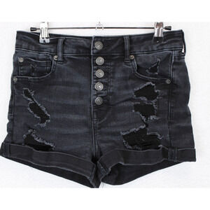 American Eagle Shortie Jean Shorts Button Fly Ripped High Rise Women 4 Black